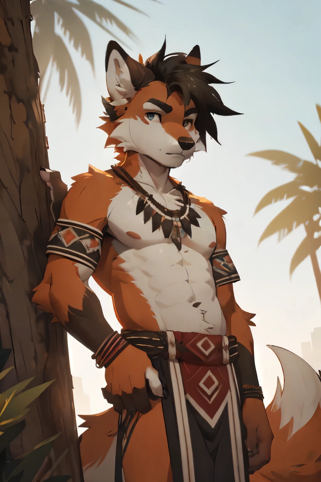 Solo, male, a cute anthro furry fox boy of 20 years old, a single fox tail always, toned, lean, black faux hawk hair, green eyes, by fumiko, by hyattlen, by zackary911, standing, arms crossed, tribal comunity, front view, leaning his back against a tree, serious, orange fur, white fur, tribal outfit
