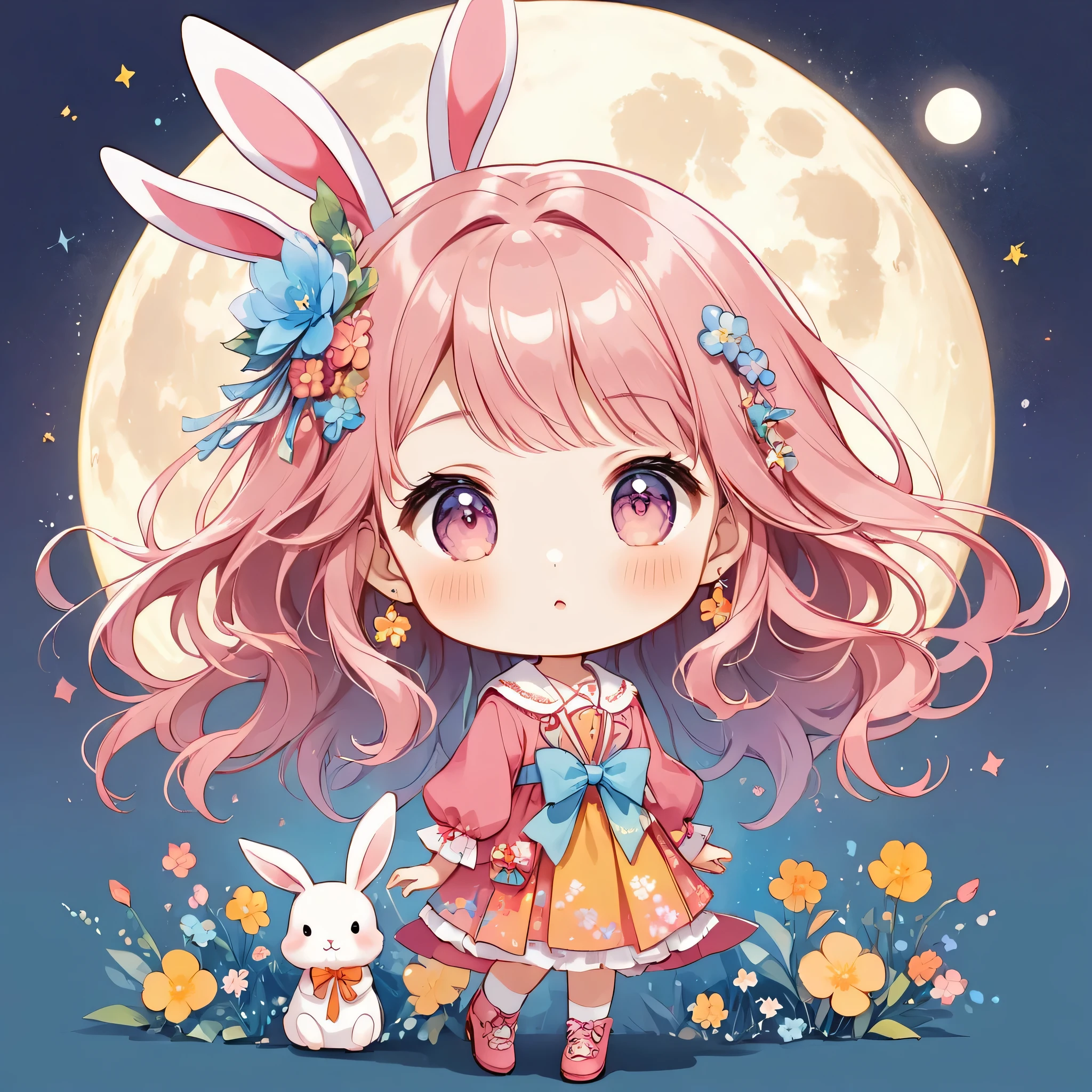 Momoko Sakura colorful style, Simple Line Initialism，Abstract art，The most beautiful girl of all time, chibi, (((full moon))), Cute rabbit