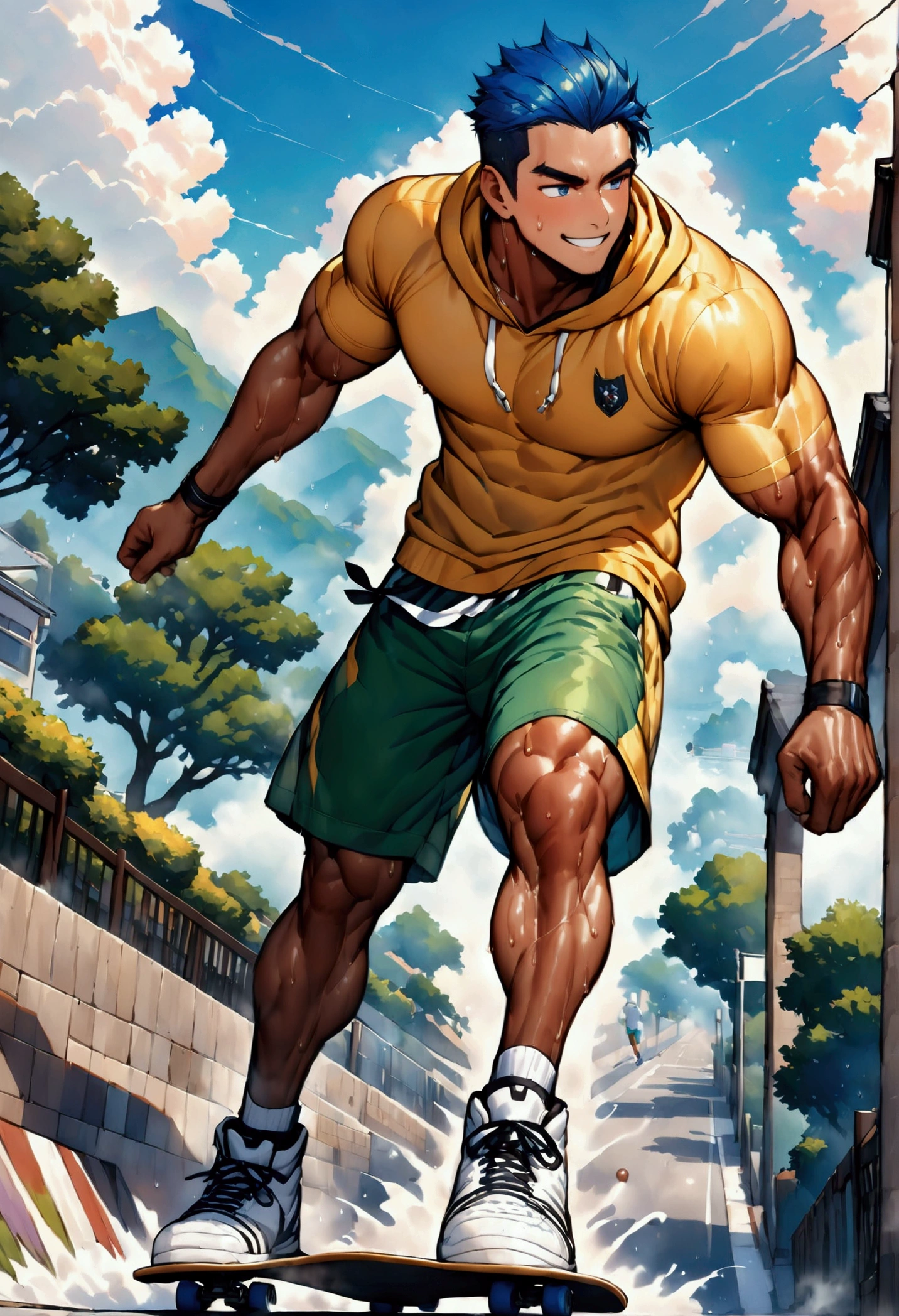 boy、He&#39;s wearing a perfect short-sleeved yellow hoodie.、Wearing green shorts、White sneakers、Skateboarding、smile、Perfect Eyes、Highest quality、High resolution、Super detailed、perfect anatomy、muscular male、(father:0.5)、gay、Blue Hair、Sports haircut、short hair、Brown skin、(sweat:1.3)、steam、full body、wide view