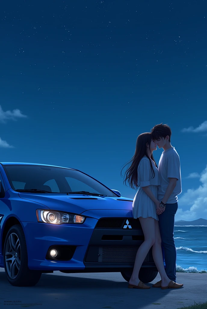 A couple (the women have black and long hair, and the man have brown and short hair) leaning on a Mitsubishi Lancer X blue, night, coast, at distance, japon, starlights