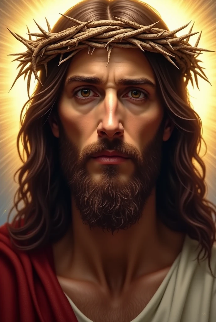 Ultra realistic Jesus in 4k with a crown of thorns on his head, JesusChrist, the lord and savior, portrait of JesusChrist, Jesus of Nazareth, brilliant light masterpiece, jesus, greg olsen, king of kings, beautiful image already created, Bright halo above your head, glorious light,!! Jesus facing the image (hyperrealisti), (illustration), (high resolution), (8k), (extremely detaild), (best illustration), you (beautiful detailed eyes), (best qualityer), (ultra detali), (face detailed), 