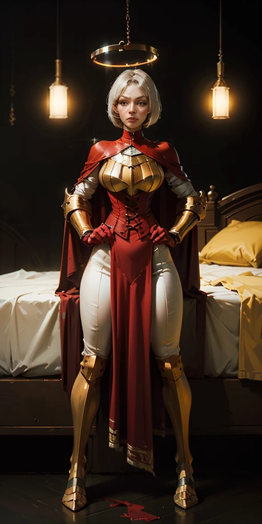 ((BLACK BACKGROUND,1:2, masterpiece)), full body MILF BIMBO, full body of paladin lady in ornate golden armor sitting on bed with open legs, black collar, pauldrons, breastplate, corset, golden glowing halo over head, white silver short bob hair, glowing red eyes, bright pupils, eye focus, red cape (hands on hips, clenching fist 👊 ✊️)