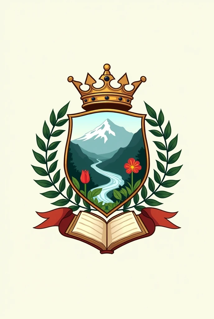 Create a school logo that has a crown on top and laurel leaves on the sides and in the middle a scroll with mountains and a river, a red flower and a notebook on one side