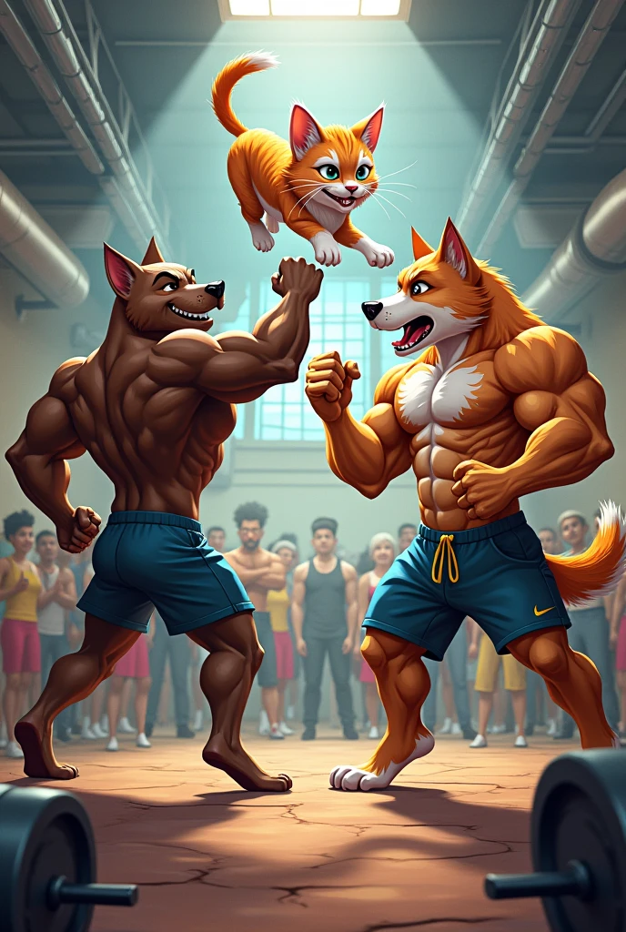 In the center of the 'Meow Gym,' the cat and dog bodybuilders are engaged in a playful yet intense fight, showcasing their strength and agility. The muscular cat leaps gracefully into the air, claws out but controlled, while the dog stands firm, ready to counter with a powerful stance. The surrounding gym-goers—both cats and dogs—watch in awe and excitement, cheering them on. The gym is buzzing with energy, the equipment slightly rattling as the two strong opponents clash in a friendly bout. The scene captures the thrill and camaraderie of the moment, where competition and mutual respect collide in an epic showdown.