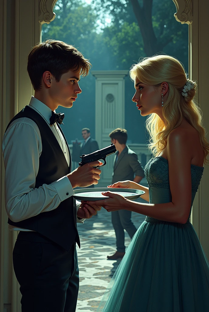 suspense book cover , A young waiter standing sideways with a tray in front of him and a gun behind him at a big wedding with a blonde-haired girl dressed in front of him placing the gun well. A young boy coming out into a lighted garden eliminates the boy behind a black-haired boy., Muscular and dark-skinned, the boy is older than the image with graphic elements 
