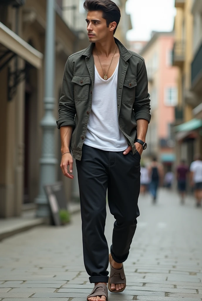 Photos of a 4 thin white Brazilian man with clothes in different scenes