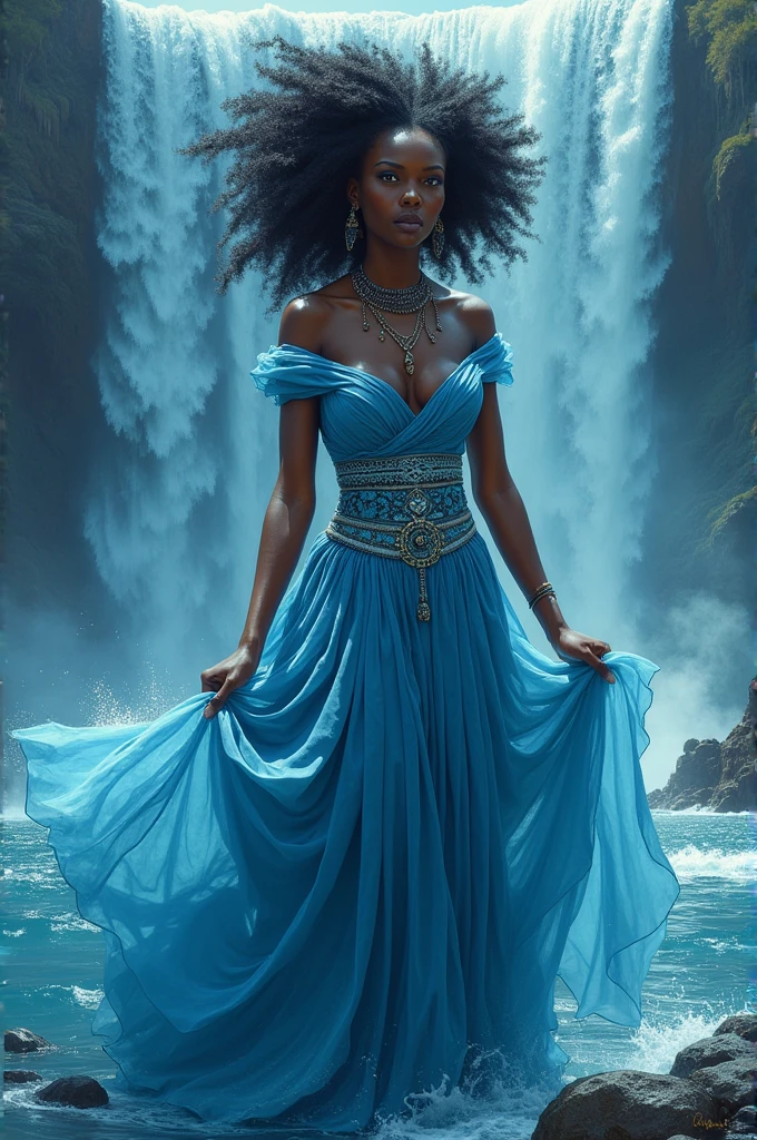Create an image of an African goddess with water powers dressed in blue with a voluminous dress