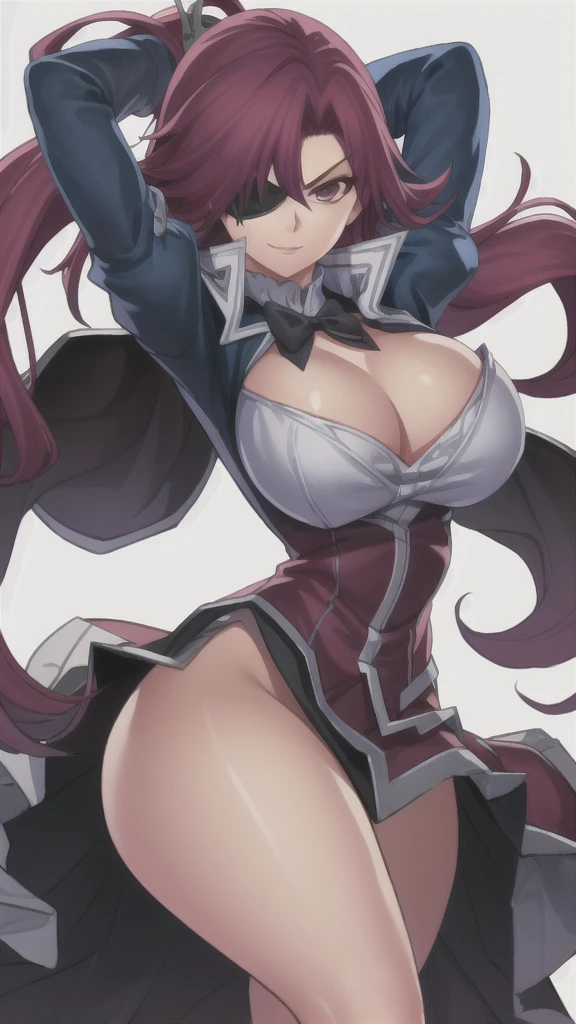 masterpiece,best quality,kim_kwang_hyun, 1girl, Lesley , extremely Long hair, crimson hair, eyepatch, chunky, solo, crimson colored  hair, large huge breasts, looking at viewer, magenta eyes, deep crimson colored hair, big boson, large huge breasts, long sleeves, dress, cleavage, closed mouth, weapon (( hand edge)), puffy sleeves, arm up, clothing cutout, copyright name, red dress, cleavage cutout, juliet sleeves , power armor, shoulder armor, deep crimson colored hair, magenta eyes, eyepatch, angry eyes, evil Smile 