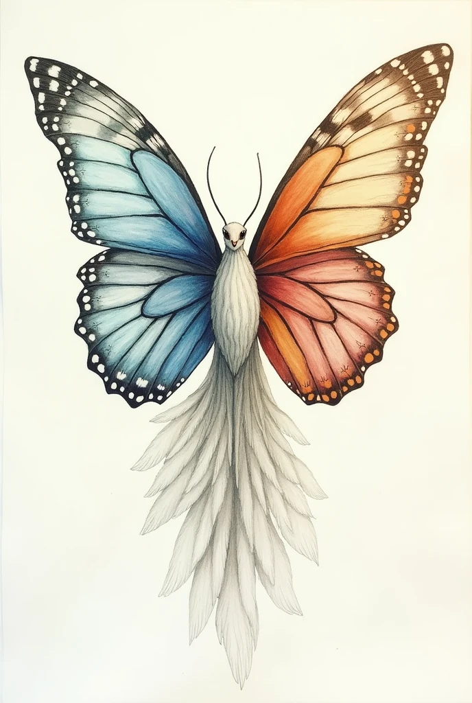 Image a pair of wings, On the right side a butterfly wing and on the right side a dove wing in drawing style, well narrated the difference between the wings As if they were a mixed angel

