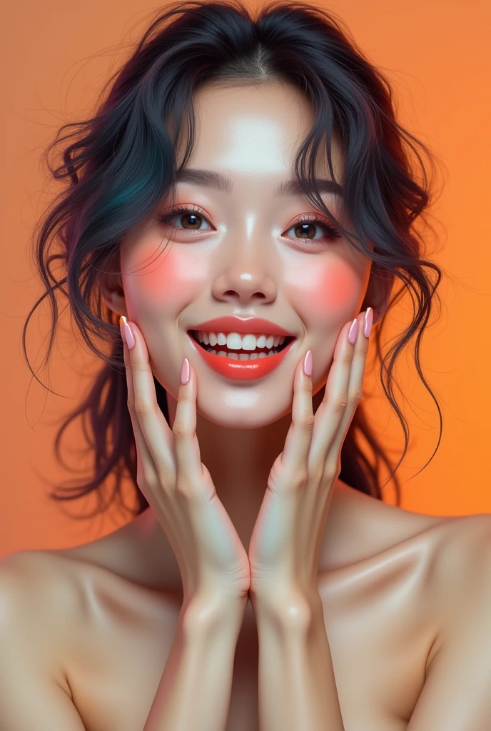 ((masterpiece)), ((Highest quality)), (Portrait of a beautiful girl), Eye for perfect detail, Face in perfect detail, Very elaborate nose, Open your mouth, Radom Color Shorts, Perfect Teeth, Exposing shoulders, Charm, Perfect Face, Dimples on cheeks, Depth of written boundary, High resolution, ((Realistic skin texture)), (Well-proportioned hands), Thin lips, Random color hair, Floating multicolored hair, Muscular, Orange pastel background,Adult