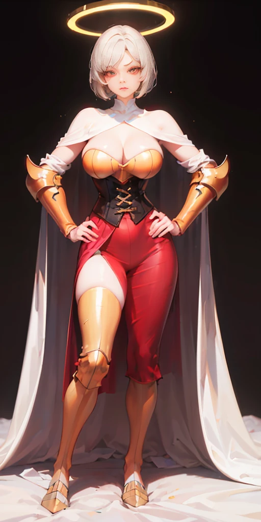 ((BLACK BACKGROUND,1:2, masterpiece)), full body MILF BIMBO, full body of paladin lady in ornate golden armor sitting on bed with open legs, black collar, pauldrons, breastplate, corset, golden glowing halo over head, white silver short bob hair, glowing red eyes, bright pupils, eye focus, red cape (hands on hips, clenching fist 👊 ✊️)