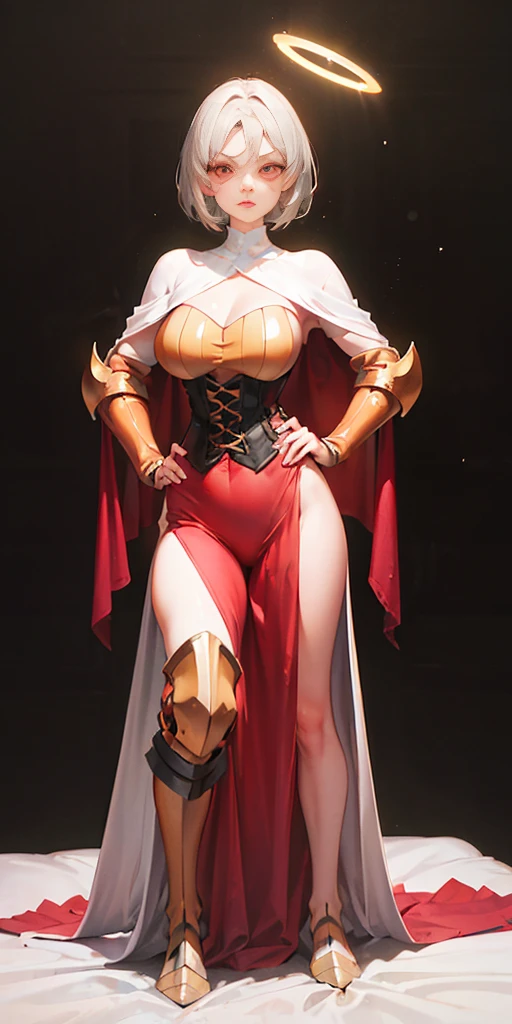 ((BLACK BACKGROUND,1:2, masterpiece)), full body MILF BIMBO, full body of paladin lady in ornate golden armor sitting on bed with open legs, black collar, pauldrons, breastplate, corset, golden glowing halo over head, white silver short bob hair, glowing red eyes, bright pupils, eye focus, red cape (hands on hips, clenching fist 👊 ✊️)