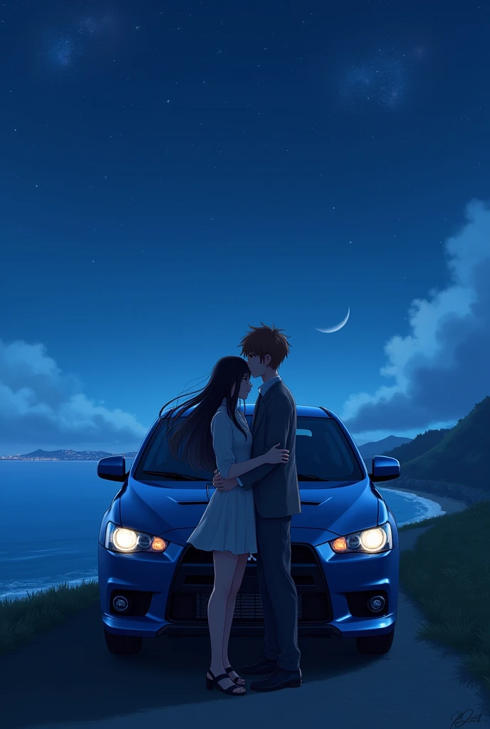 A couple (the women have black and long hair, and the man have brown and short hair) leaning on a Mitsubishi Lancer X blue, night, coast, at distance, japon, starlights, anime