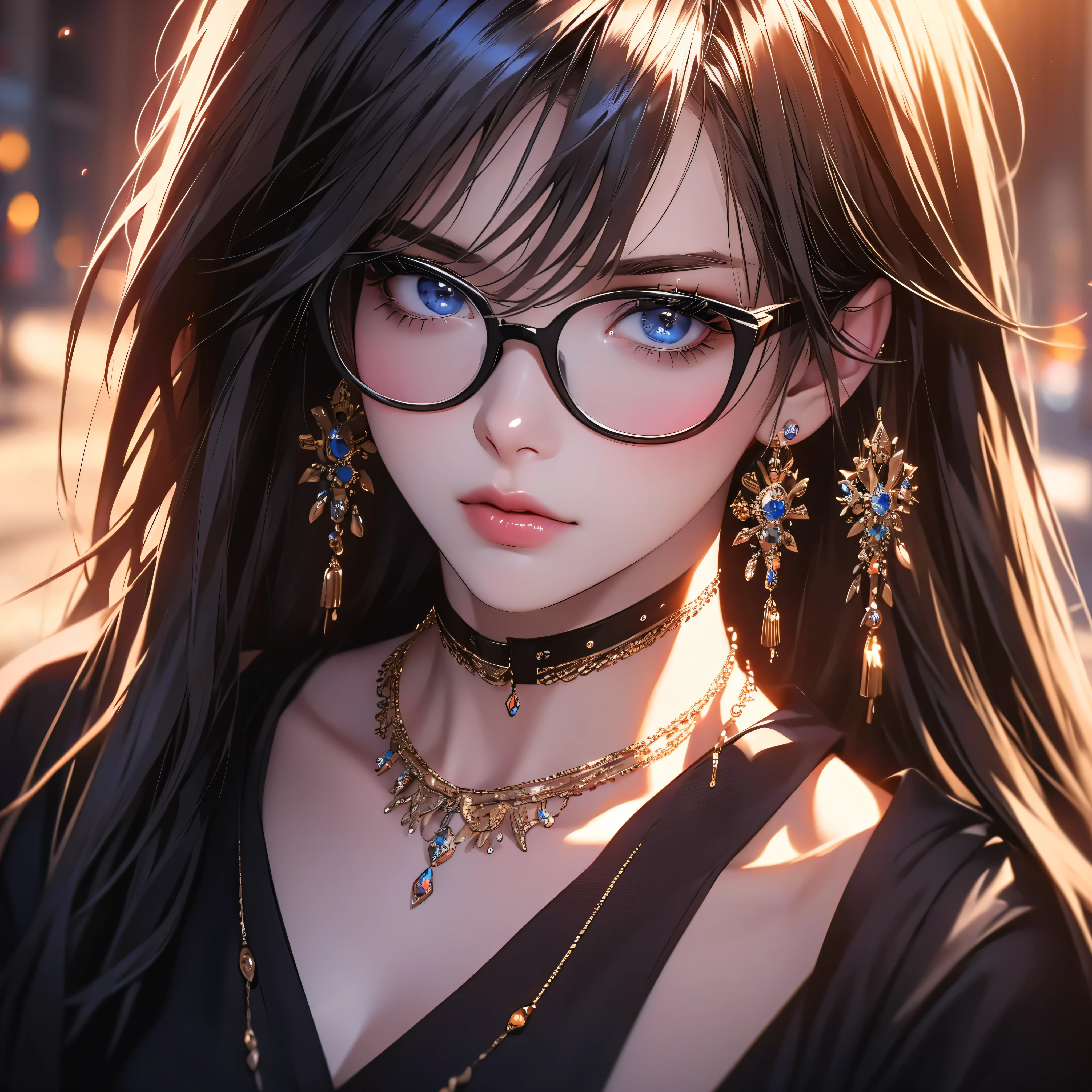 1girl, jewelry, glasses, solo, necklace, long hair, looking at viewer, earrings, bangs, black choker, lips, black-framed eyewear, blurry, blurry background, rolls her eyes, close-up, cinematic lighting, bright colors, photorealistic, concept art style, high quality, 8K, HDR, physical rendering, extreme detail, blur, depth of field, blurred foreground,