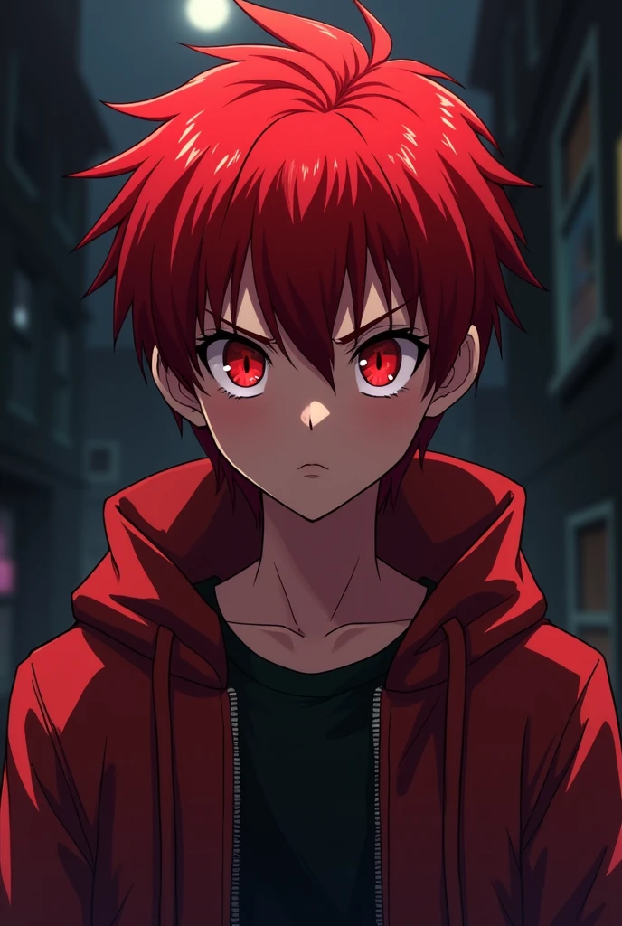 red hair, red eyes, anime, child, handsome, strong, short hair, night, very dangerous