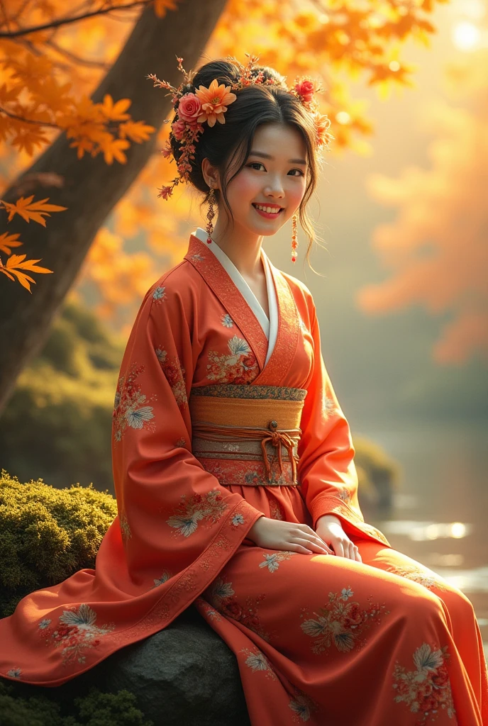 A beautiful Asian young woman, detailed beautiful eyes and face, in a detailed vibrant red-golden Thai traditional dress, with floral patterns sits gracefully on a moss-covered rock, surrounded by golden autumn foliage. A joyful smile on her face. The scene is bathed in soft, warm sunlight, highlighting the intricate details of her traditional attire and the beauty of the surrounding nature. Her hair is adorned with delicate flowers, adding a touch of elegance. The overall mood is light and cheerful, celebrating the beauty of Japanese culture and the autumn season.