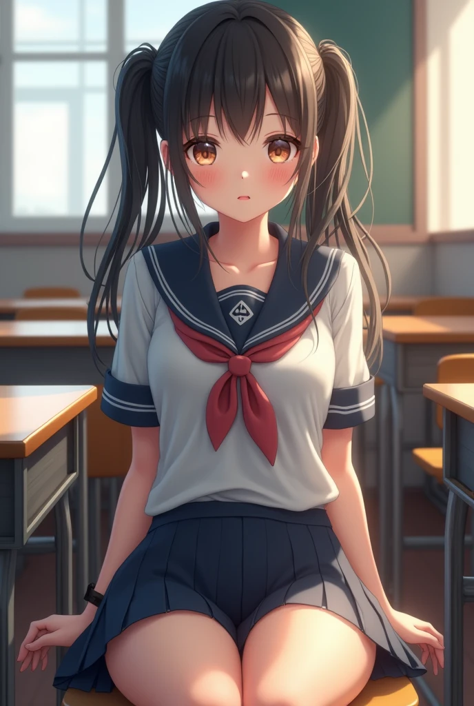 (1 young), kawaii, (highly detailed beautiful face), amazing face and eyes, (best qualityer:1.4), (ultra detali), (Extremely detailed 8k unified CG wallpaper), highy detailed, High definition raw color photos, professional photograpy, true-to-life portrayal, twintails, (schoolar uniform, pleated mini skirt:1.3), (schoolar uniform with wide open breasts:1.2), sitting down, (Spread your legs), camel toe, depth of fields, School, class room, (beautiful  face:1.2), (from low:1.2)