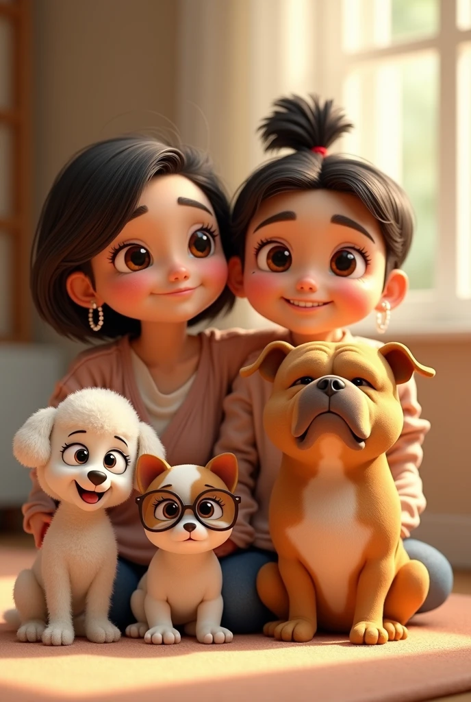 Create a 3d illustrated cartoon family of 3, Pixar type of Disney, formed by his mother, 6 woman black hair, short to the shoulders, small nose, tender look brown eyes, with a chubby body. His son, 2, short brown hair, athletic, sportsman, with short beard, beautiful smile and tender brown look. His daughter is a woman, 3, Brown hair tied up in a bun and parted in the middle, pearl hoops, tender eyes and big glasses, small nose y una sonrisa tierna, chubby with body curves. This family has 3 dogs, a small white poodle puppy with light brown ears. A cheerful white medium sized Jack Russell dog with brown spots and a patch over his right eye. And the last big fat pitbull dog, light cinnamon fur. More serious but with a good face. 