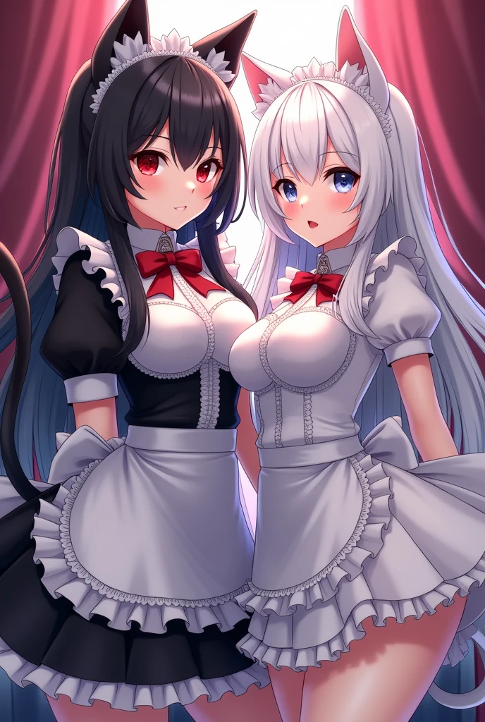 Anime girl with black cat ears and tail red eyes long black hair big breasts with a anime girl with white dog ears and tail long white hair white eyes big breasts both in sexy maid outfits