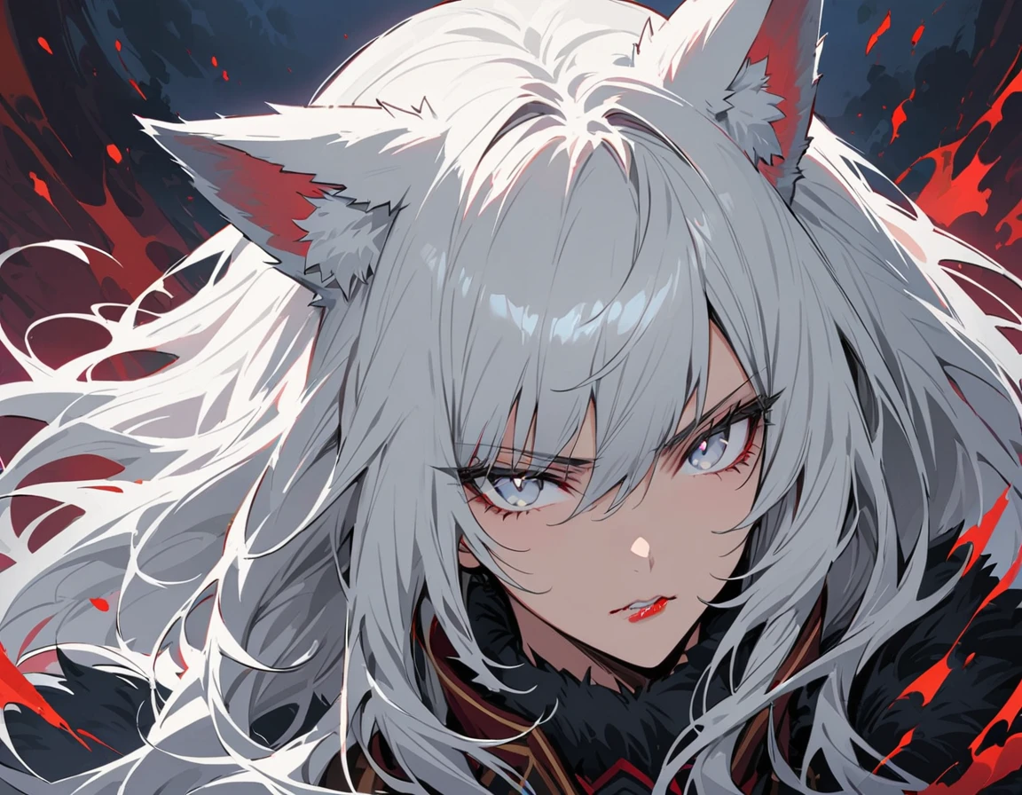 Long white hair, grey eyes, evil, sexy, black and red clothes, evil face, evil, serious look, gloss lips, sinister, front look, bloody, gloves, close up, portrait, beautiful eyes, big white, dark place, night, sensual, straight hair cut, clear skin, evil, young 30 years girl, adult girl, solo, red, very long hair, ankle length hair, handsome older WOMAN,grey-eyes,grey pupils,Long white hair,Hyperresolution,accuracy,Detailed rendering,(Image of fine hair)(topquality)(Masterpieces of masters)(High degree of completeness)(A sense of atmosphere)tmasterpiece,Super detailed and super detailed(((half-body portrait)))(((Fluffy wolf ears))) (((Wearing a white and black fur fighting outfit)))(((Stern expression)))(((Ankle length white hair)))(((Grey eyes)))