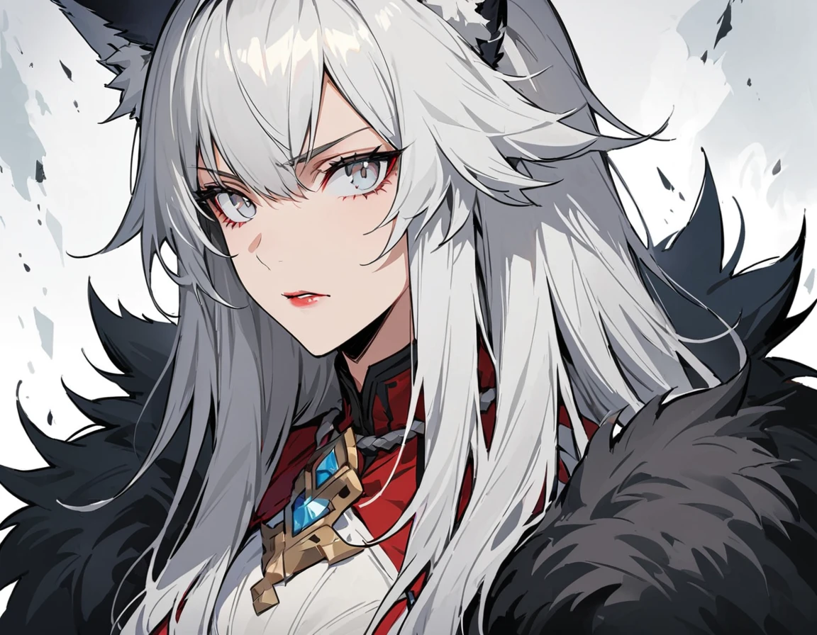 Long white hair, grey eyes, evil, sexy, black and red clothes, evil face, evil, serious look, gloss lips, sinister, front look, bloody, gloves, close up, portrait, beautiful eyes, big white, dark place, night, sensual, straight hair cut, clear skin, evil, young 30 years girl, adult girl, solo, red, very long hair, ankle length hair, handsome older WOMAN，grey-eyes，grey pupils，Long white hair，Hyperresolution，accuracy，Detailed rendering,（Image of fine hair）（topquality）（Masterpieces of masters）（High degree of completeness）（A sense of atmosphere）tmasterpiece，Super detailed and super detailed（((half-body portrait)))(((Fluffy wolf ears))) (((Wearing a white and black fur fighting outfit)))(((Stern expression)))(((Ankle length white hair)))(((Grey eyes)))