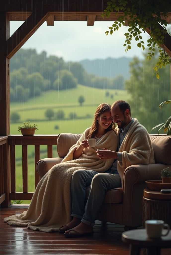 A happy couple, watching the rain, sitting on the porch of a house on the farm drinking coffee. They use a blanket while sitting on a sofa.