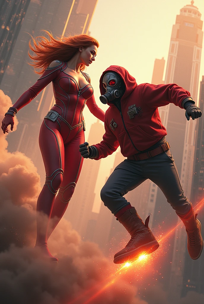 Scarlett witch, realistic, big breasts, full body vs. Youg boy with red hoodie, headphones, Star-lord helmet, rocket boots, gas helmet, covered mouth, round red, eyes, front cover, Kid Star-lord with red hoodie, star-lord helmet, gas helmet, covered mouth, round red eyes, Red eyes, magic rings in the hands and rocket boots, Fighting, power, fiction, 2 persons, magic lasso, hight, fall, DJ, view of the city fro. above, flying in the sky, capa roja, fire under shoes, Space, Smoke.