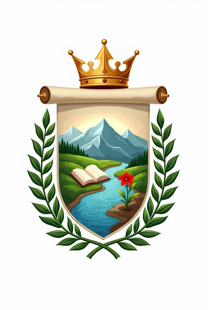 Create a school logo that has a crown on top and laurel leaves on the sides and in the middle a scroll with mountains and a river, a red flower and a notebook on one side