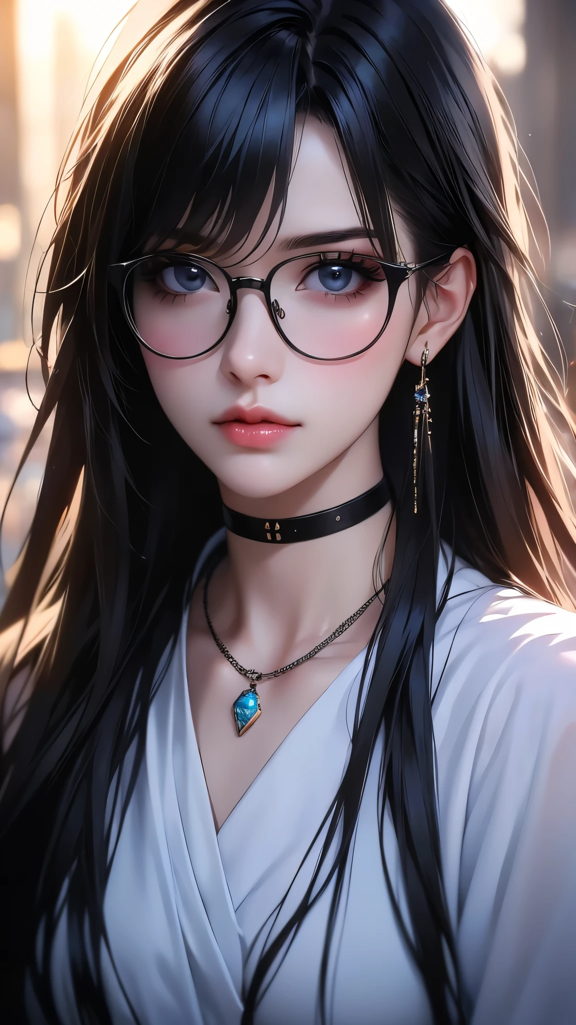 1girl, jewelry, glasses, solo, necklace, long hair, looking at viewer, earrings, bangs, black choker, lips, black-framed eyewear, blurry, blurry background, rolls her eyes, close-up, cinematic lighting, bright colors, photorealistic, concept art style, high quality, 8K, HDR, physical rendering, extreme detail, blur, depth of field, blurred foreground,
