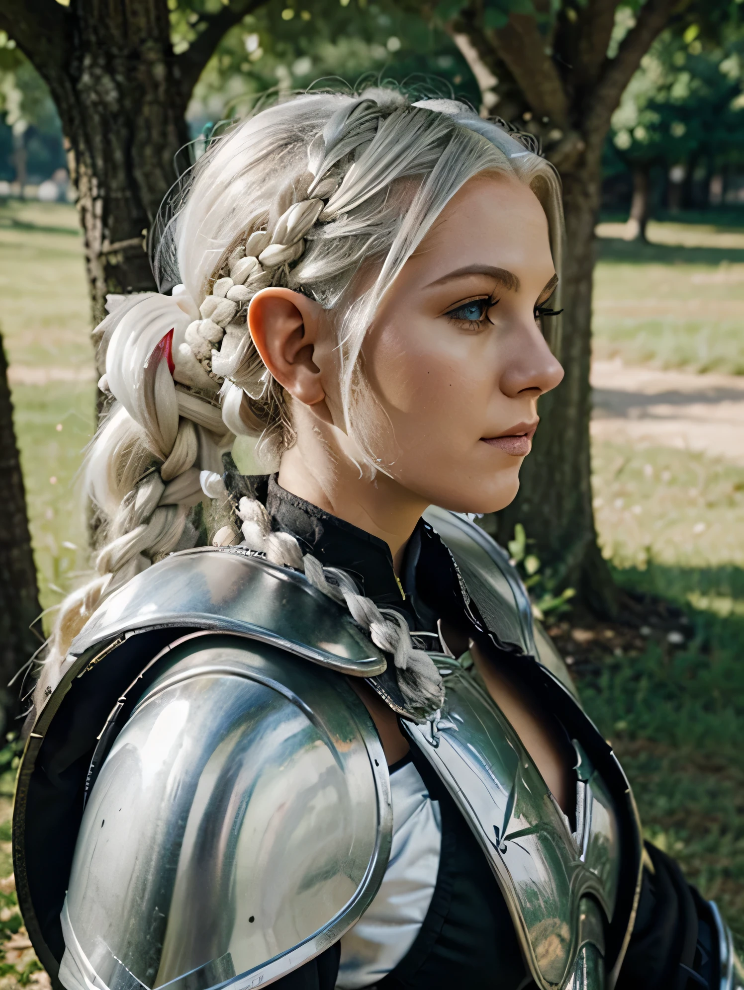 side view of a fantasy elf woman in plate armor with white hair in a braid