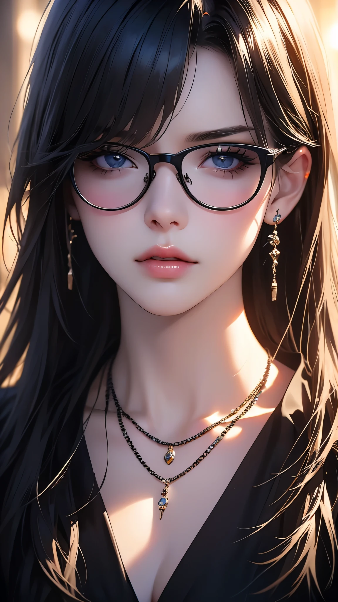 1girl, jewelry, glasses, solo, necklace, long hair, looking at viewer, earrings, bangs, black choker, lips, black-framed eyewear, blurry, blurry background, rolls her eyes, close-up, cinematic lighting, bright colors, photorealistic, concept art style, high quality, 8K, HDR, physical rendering, extreme detail, blur, depth of field, blurred foreground,