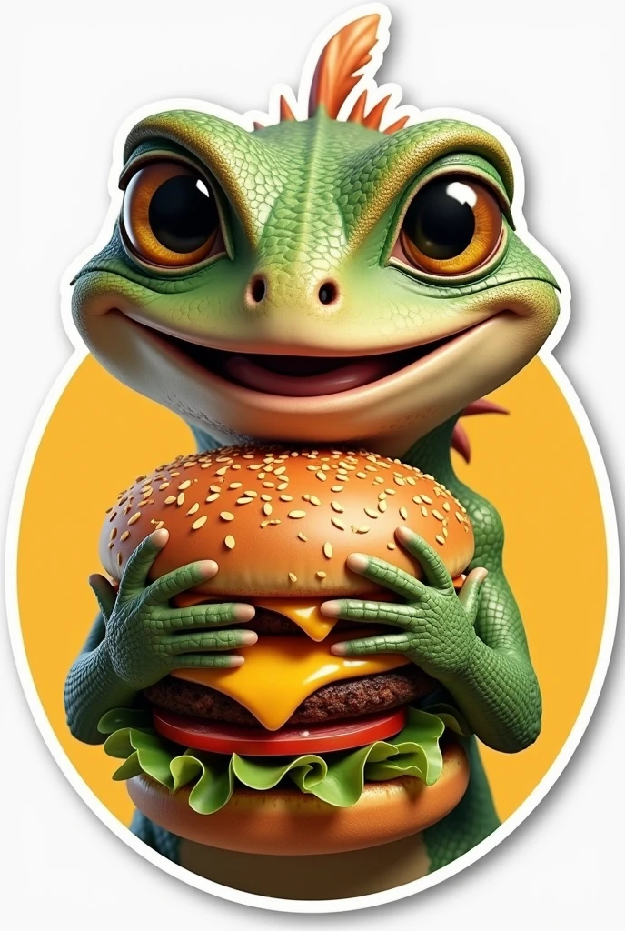 A realistic AI lizard smiling while hugging a cheddar cheeseburger with the Calango&#39;s logo written underneath. Round shape for making stickers
