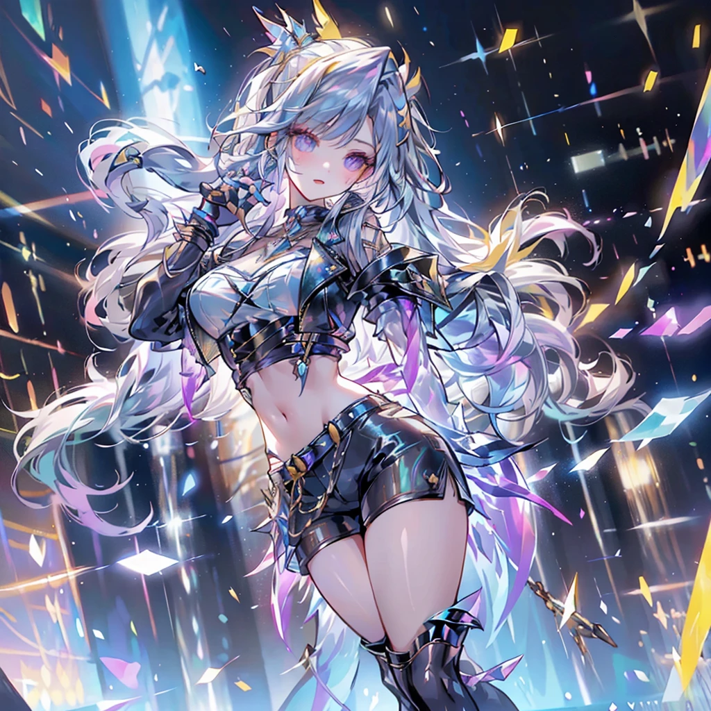 Masterpiece-level clarity and beautiful details "Near realistic, realistic, and hyper-realistic RPG game action MOBA 5v5 anime virtual scene. Featuring a viral realistic VRMMO game graphic with a full-frame fantasy splash screen, side perspective view of a 5v5 arena like in ROV. A young woman is performing an intense guitar solo on an epic stage. She has long, yellow hair tied into a lightning-shaped ponytail, wearing neon blue glasses, a black strapless top, and a fashionable, transparent cropped long-sleeve jacket with a rainbow crystal-like sheen. She is dressed in stylish denim shorts and idol singer boots. The left hand holds a guitar, and the right hand extends a beast-like weapon to the side. Lightning sparks and a lightning aura radiate from her as she leaps into the air above the concert stage. Below, a massive crowd of spectators watches in awe. The background is a grand and spectacular concert scene with full lighting effects. The fantasy details are exceptionally realistic."