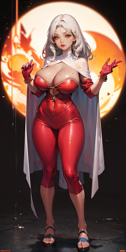 ((BLACK BACKGROUND,1:2, masterpiece)), full body MILF BIMBO standing with two long thighs and two metal sandals, red eyes, silver white hair, short bob style hair, big breasts, cleavage, snsfw, (masterpiece: 1.3), best quality: 1.4, 8k detailed unity wallpaper, high resolution, absurdities: 1.2, depth of field: 1.3, perfect lighting, cinematic shadows, highly detailed background, (super perfect head anatomy face fingers limbs arms hands legs), (super beautiful and detailed body of a wet woman, gigantic, long and sagging breasts, shiny hair, face, nose, shiny fingers, elongated eyes, skin proportion), slender: 1.5, narrow waist: 1.3, ownwaifu, long hair, white hair, big hair, curly hair, dark skin, dark skin woman, red lips, white eyes, very dark skin, lipstick, floating hair, very long hair, makeup, eyelashes, toned, jewelry, earrings, cape, bracelet, jumpsuit, gloves, superhero, choker, cool look, flying in the sky, high-tech city background, call a storm, tornado, thunder, raining, cinematic, beautiful figure, cowboy shot