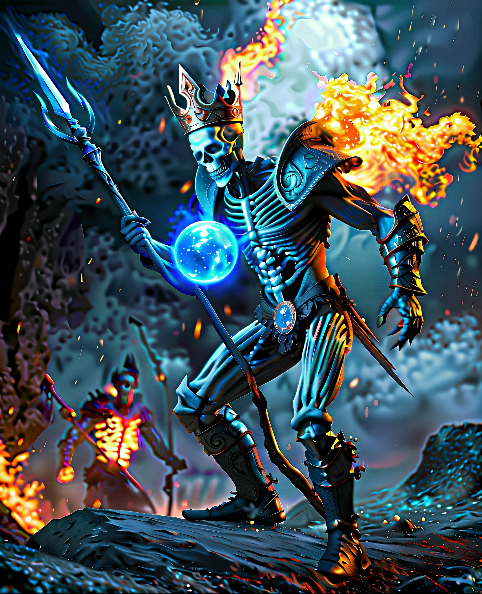 Fantasy digital artwork featuring a skeletal warrior in dark, spiked armor, holding a staff with a trident-like top in his right hand and a glowing blue orb in his left. The warrior's skull is adorned with a crown of flames, and his eyes emit a fiery glow. The background is engulfed in intense flames and dark smoke, creating a hellish atmosphere. In the foreground, a ghostly blue skeletal figure appears to be emerging from or being summoned by the warrior, adding a mystical element to the scene. The overall color palette is dominated by fiery reds, oranges, and blues, enhancing the dramatic and otherworldly feel of the artwork. anatomically correct, super detailed, highly detailed, 4k, hyperrealistic, extremely realistic, intricate details, dramatic lighting, moody atmosphere, dark fantasy, cinematic, masterpiece, dramatic pose, muscular anatomy, veins visible, sinews, tendons, viscera, guts, organs, raw power, intense emotion, photorealistic
