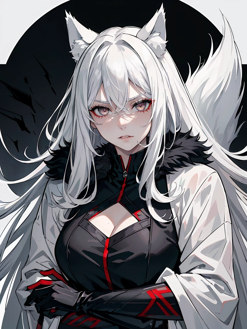 Long white hair, grey eyes, evil, sexy, black and red clothes, evil face, evil, serious look, gloss lips, sinister, front look, bloody, gloves, close up, portrait, beautiful eyes, big white, dark place, night, sensual, straight hair cut, clear skin, evil, young 30 years girl, adult girl, solo, red, very long hair, ankle length hair, handsome older WOMAN，grey-eyes，grey pupils，Long white hair，Hyperresolution，accuracy，Detailed rendering,（Image of fine hair）（topquality）（Masterpieces of masters）（High degree of completeness）（A sense of atmosphere）tmasterpiece，Super detailed and super detailed（((half-body portrait)))(((Fluffy wolf ears))) (((Wearing a white and black fur fighting outfit)))(((Stern expression)))(((Ankle length white hair)))(((Grey eyes)))