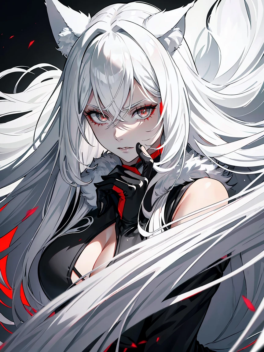 Long white hair, grey eyes, evil, sexy, black and red clothes, evil face, evil, serious look, gloss lips, sinister, front look, bloody, gloves, close up, portrait, beautiful eyes, big white, dark place, night, sensual, straight hair cut, clear skin, evil, young 30 years girl, adult girl, solo, red, very long hair, ankle length hair, handsome older WOMAN,grey-eyes,grey pupils,Long white hair,Hyperresolution,accuracy,Detailed rendering,(Image of fine hair)(topquality)(Masterpieces of masters)(High degree of completeness)(A sense of atmosphere)tmasterpiece,Super detailed and super detailed(((half-body portrait)))(((Fluffy wolf ears))) (((Wearing a white and black fur fighting outfit)))(((Stern expression)))(((Ankle length white hair)))(((Grey eyes)))