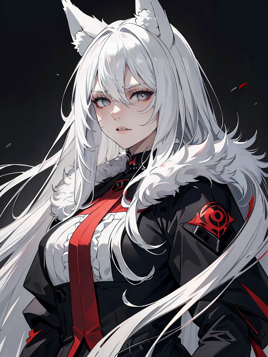 Long white hair, grey eyes, evil, sexy, black and red clothes, evil face, evil, serious look, gloss lips, sinister, front look, bloody, gloves, close up, portrait, beautiful eyes, big white, dark place, night, sensual, straight hair cut, clear skin, evil, young 30 years girl, adult girl, solo, red, very long hair, ankle length hair, handsome older WOMAN,grey-eyes,grey pupils,Long white hair,Hyperresolution,accuracy,Detailed rendering,(Image of fine hair)(topquality)(Masterpieces of masters)(High degree of completeness)(A sense of atmosphere)tmasterpiece,Super detailed and super detailed(((half-body portrait)))(((Fluffy wolf ears))) (((Wearing a white and black fur fighting outfit)))(((Stern expression)))(((Ankle length white hair)))(((Grey eyes)))