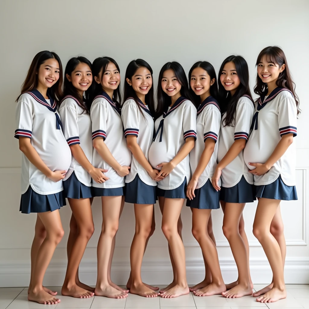 There are 10 beautiful female students: the first is a Thai female student, aged 18-19 years old, wearing a Thai female student uniform; the second is a Lao female student, aged 18-1, wearing a Lao female student uniform; the third is a Japanese female student, aged 19-20 years old, wearing a Japanese female student uniform; the fourth is aged 20-2, wearing a South Korean female student uniform; the fifth is aged 20-2, wearing a Taiwanese female student uniform; all of them are pregnant, standing and taking pictures, smiling beautifully.