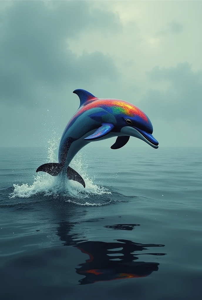 Multicolored dolphin in a sea of sad colors jumping in the sea