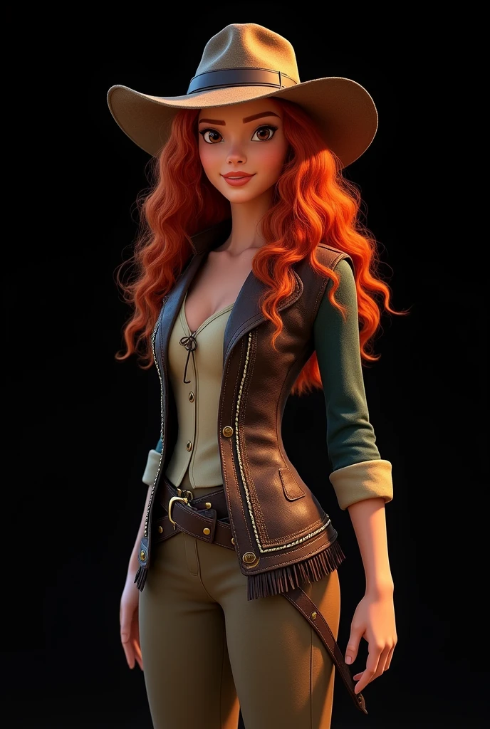 (((Ultra detailed, beautiful face, Megapixel))) Capture a visually captivating and empowering photo realistic image of a famous Disney princess Merida, channeling the spirit of the iconic tough male movie character, Indiana Jones. Merida, with her determination, is dressed in an ensemble inspired by Indiana Jones' adventurous style. Her facial features are strong yet graceful, with (high cheekbones) and piercing (amber) eyes that reflect both wisdom and curiosity. Her lustromidnight black) hair cascades in loose waves, while a wide-brimmed (weathered brown) hat sits atop her head, accentuating her warrior spirit. She wears a rugged (brown leather) jacket, adorned with intricate beadwork and fringe, symbolizing her connection to nature. The jacket is paired with fitted (khaki) trousers and sturdy (brown leather) boots, enabling her to navigate treacherous terrains with agility and confidence. Against a blank black background, Merida embodies the fusion of strength, grace, and adventure, seamlessly blending the essence of both her character and Indiana Jones. With your camera, a high-resolution DSLR paired with a portrait lens, you will capture the empowering spirit and iconic style of Merida as she channels the essence of Indiana Jones. Naked nude