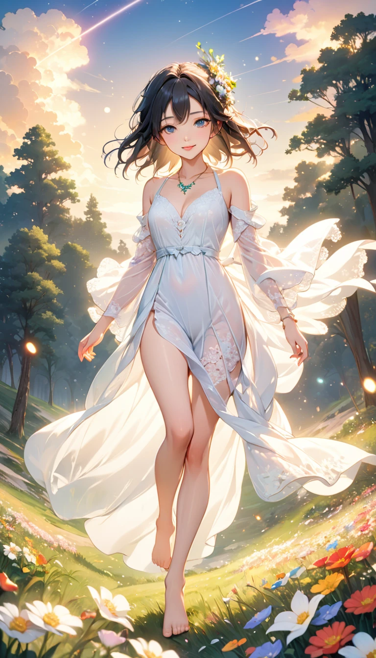 (masterpiece、Highest quality、8k、High resolution)、1 female、Beautiful eyes with slit length、Cute lips、Beautiful Nose、Brownish black hair、smile、(Best anime girl)、Green grassland with forest view、Walking,(Flying barefoot, high, high, high),Colorful flowers blooming in the field,A bright night with the stars clearly visible、milky way、Mysterious light particles from the whole body、Colorful light particles、A mysterious light shining around your head、melt、jewelry、necklace、White lace dress、(Beautiful full body style)、Highly detailed anime art、A complete portrayal、