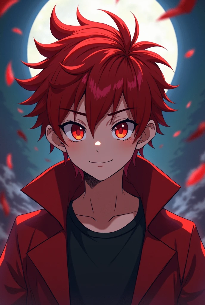 red hair, red eyes, anime, child, handsome, strong, , short hair, night, smiling  