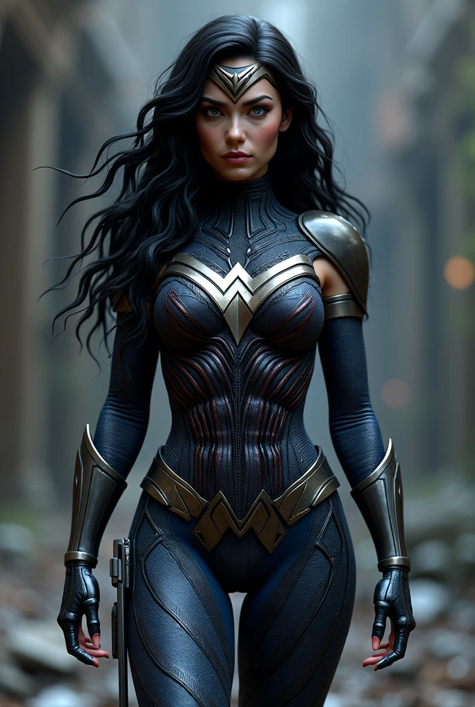 (((Symbiote fused with Spiderman Wonder Woman ))),(((A beautiful woman with long black hair under the mantle of the Amazon warrior Wonder Woman))),(((Wonder Woman emblem on her chest))),(((Corset azul celeste ))),(((Long black boots up to her knees))),(((With Symbiote skin running all over his skin))) Black metal bracelets))),(((Simbionte Spiderman))),(((Wonder Woman emblem on her chest))),(((Symbiote fused with Spiderman Wonder Woman)))