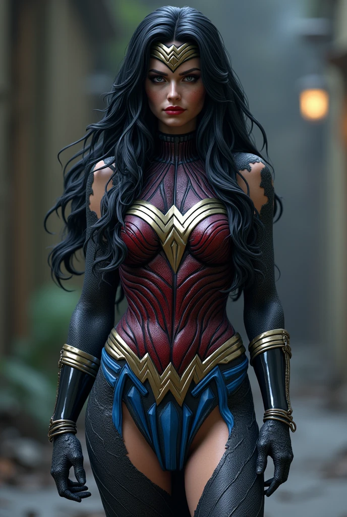(((Symbiote fused with Spiderman Wonder Woman ))),(((A beautiful woman with long black hair under the mantle of the Amazon warrior Wonder Woman))),(((Wonder Woman emblem on her chest))),(((Corset azul celeste ))),(((Long black boots up to her knees))),(((With Symbiote skin running all over his skin))) Black metal bracelets))),(((Simbionte Spiderman))),(((Wonder Woman emblem on her chest))),(((Symbiote fused with Spiderman Wonder Woman)))