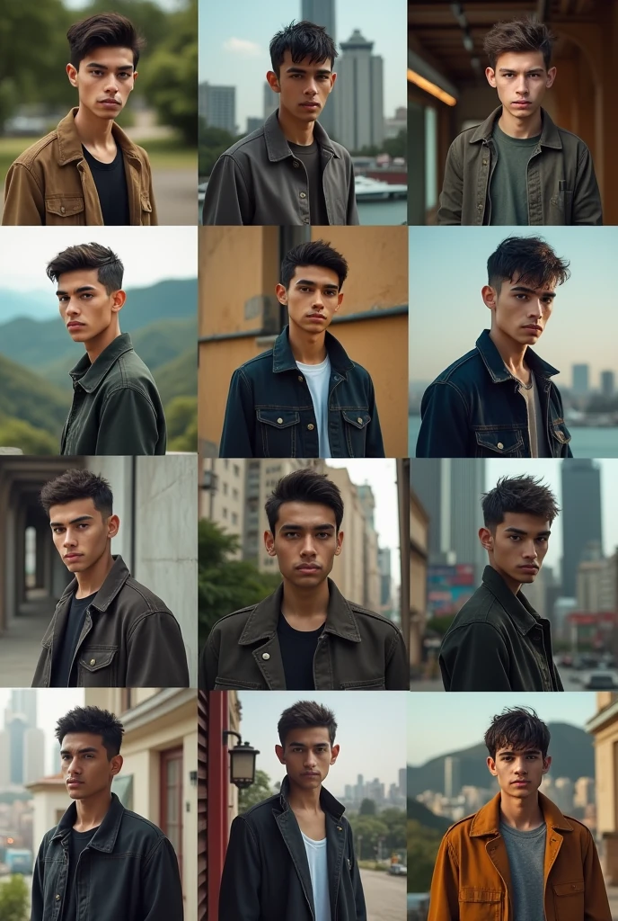 Face photos of a thin white Brazilian man, 4, with clothes in different scenes