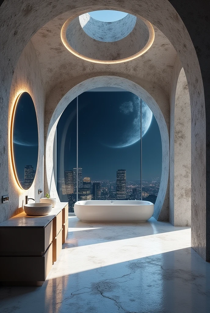 Create a super large modern bathroom with moon concept, The walls are similar to the surface of the moon
