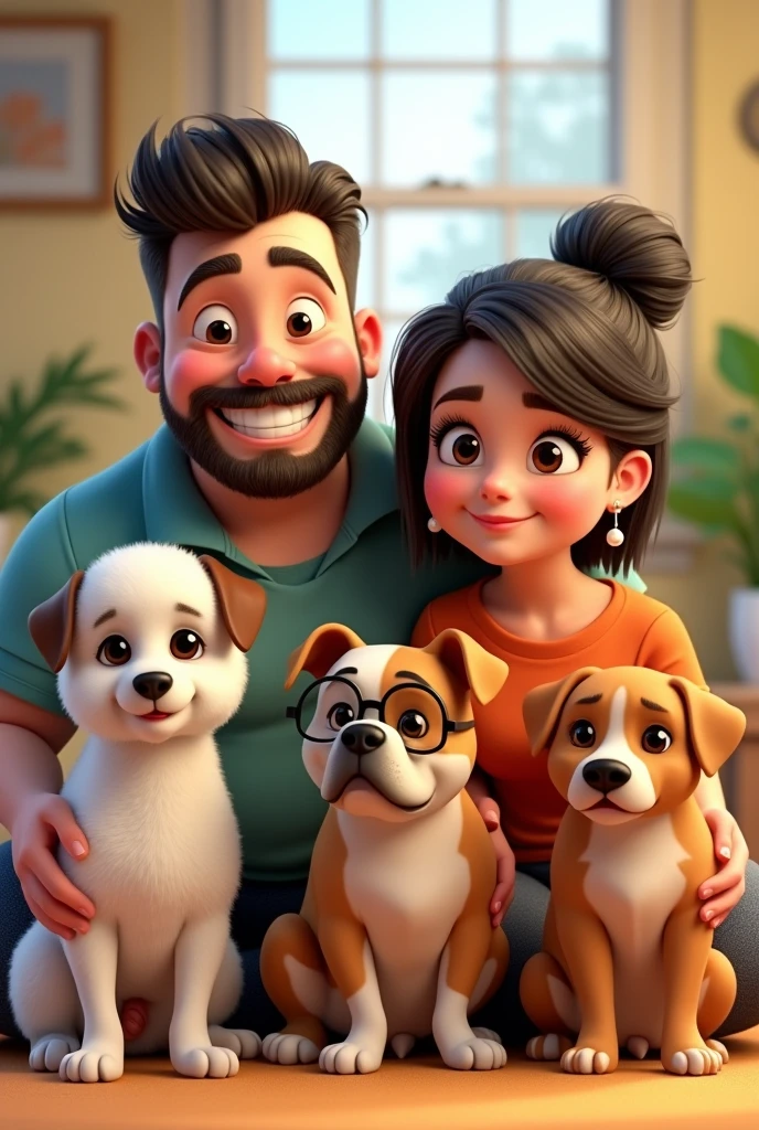 Creating a family of 3 people, illustrated cartoon 3d, Pixar type of Disney, His mother, 6 woman black hair, short to the shoulders, small nose, tender look brown eyes, with a chubby body. His son, 2, short brown hair, athletic, sportsman, with short beard, beautiful smile and tender brown look. His daughter is a woman, 3, Brown hair tied up in a bun and parted in the middle, pearl hoops, tender eyes and big glasses, small nose y una sonrisa tierna, chubby with body curves. This family has 3 dogs, a small white poodle puppy with light brown ears. A cheerful white medium sized Jack Russell dog with brown spots and a patch over his right eye. And the last big fat pitbull dog, light cinnamon fur. More serious but with a good face.
