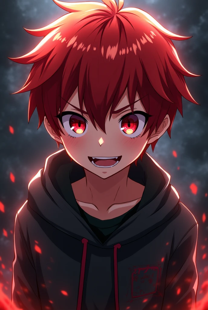 red hair, red eyes, anime, child, handsome, strong, , short hair, night, smiling, disguise 