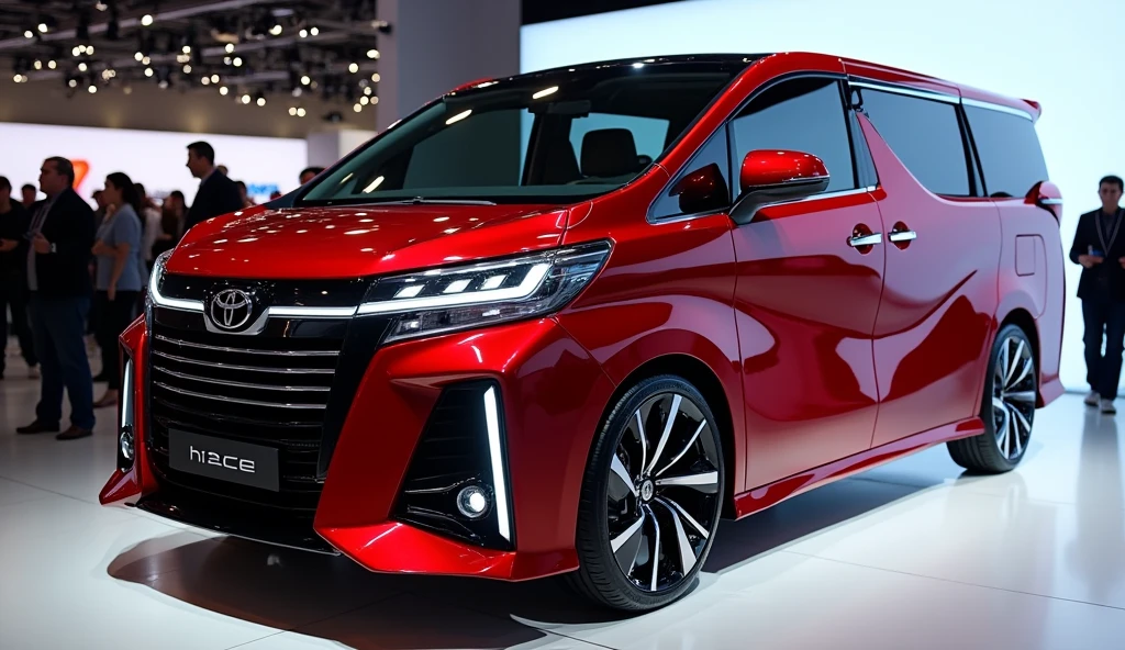 a luxury RED Toyota Hiace MPV Van mixed with tesla, electric car, futuristic full LED design, in a showroom with a lots people